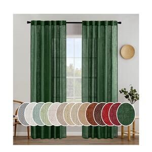 MIULEE Emerald Green Linen Curtains 84 Inch Length 2 Panels for Bedroom Livin...